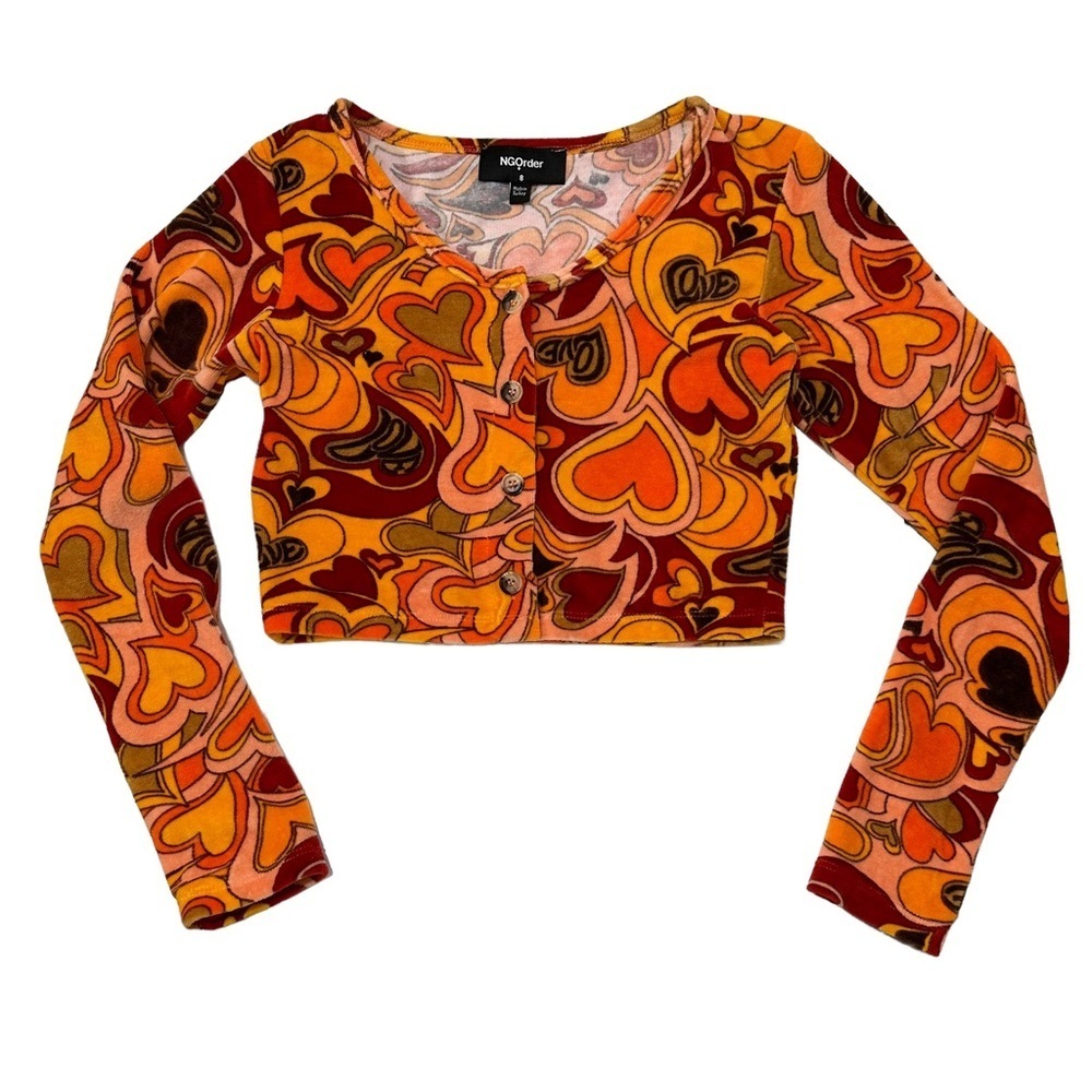 NGorder x Dolls Kill Crop velour neutrals psychedellic hearts festival cardigan
